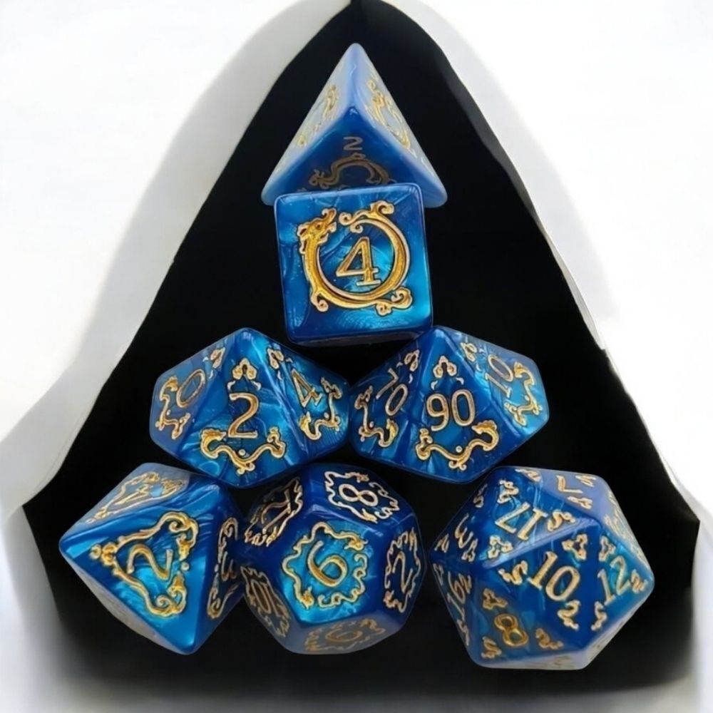 D&D Polyhedral Dice Set Blue Iridescent Swirl Acrylic RPG D20 MTG 7pc Gamer Gift
